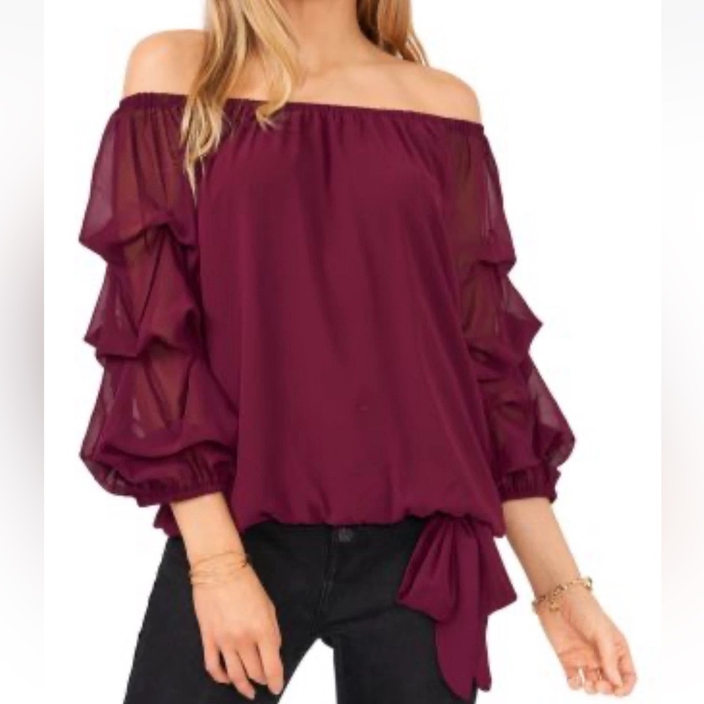 New! Vince Camuto Off-the-Shoulder Ruffle Sleeve Blouse – XS – Crisp Merlot